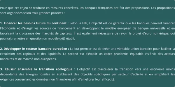 Pour que cet enjeu se traduise en mesures concrètes, les banques françaises ont fait des propositions. Les propositions sont organisées selon trois grandes priorités 1. Financer les besoins futurs (3)